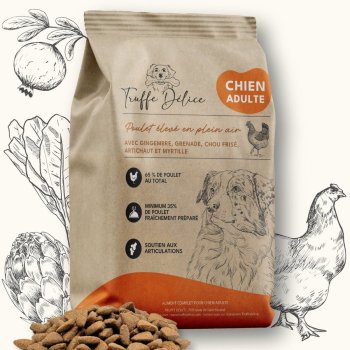 Croquettes chien adulte - Poulet élevé en plein air - SUR COMMANDE - Truffe Délice - 2kg, 6kg ou 12kg