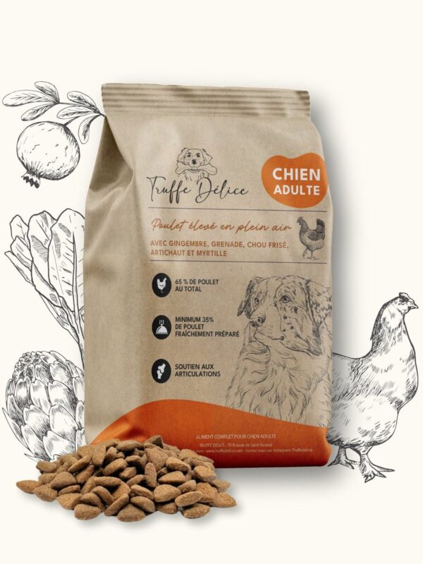 Croquettes chien adulte - Poulet élevé en plein air - SUR COMMANDE - Truffe Délice - 100gr 2kg, 6kg